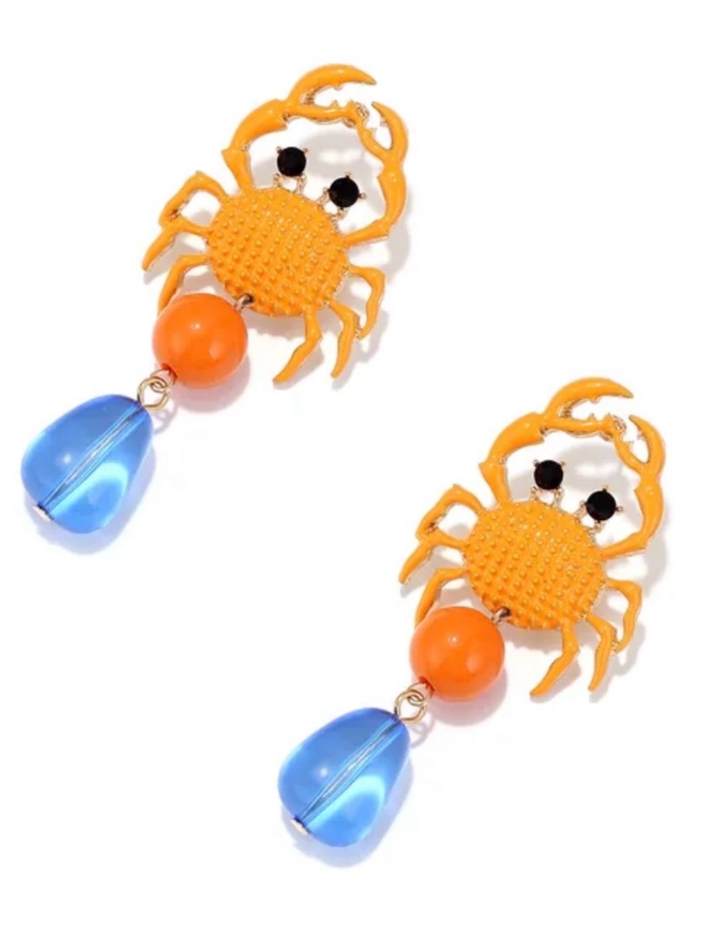 Orange Crab Drop Earrings with Blue Bead